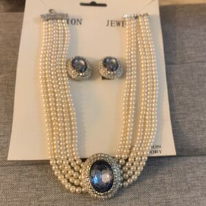 Elegant Pearl and Blue Stone Jewelry Set